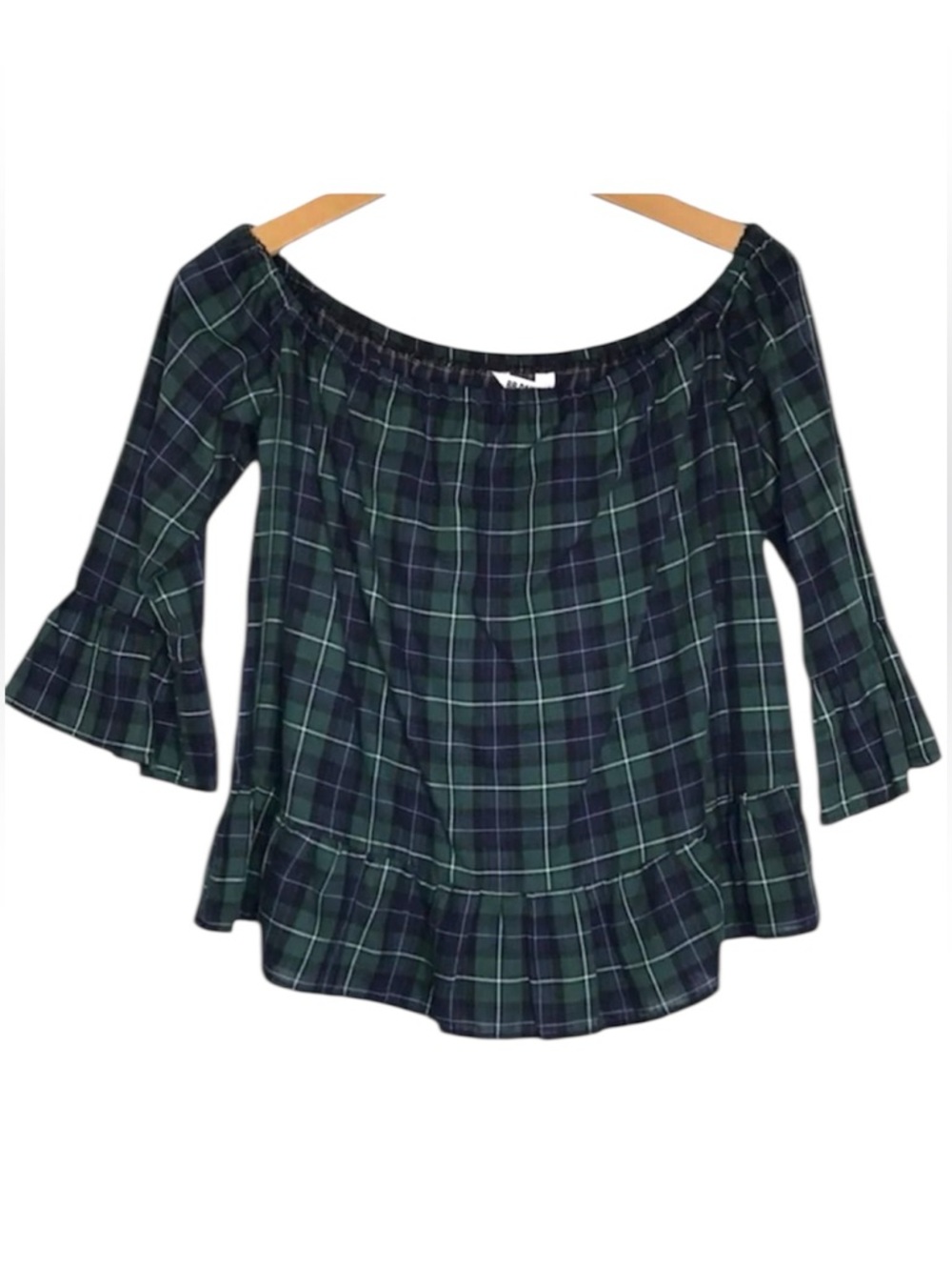 BB Dakota Green Tartan Plaid Peplum Top Off Shoulder Bell Sleeve XS